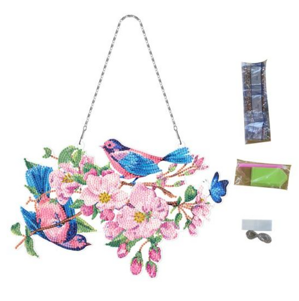 5D DIY Floral Blue Birds Hanging Diamond Art Kit Crystal Embroidery Rhinestone Approx 29cm x 18.5cm Acrylic Decoration