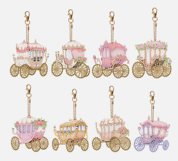 8pcs 5D DIY Assorted Cute Fairy tale Carriages Diamond Art Keyrings by Numbers Kit for Adults Double Sided Rhinestone Craft Pendant