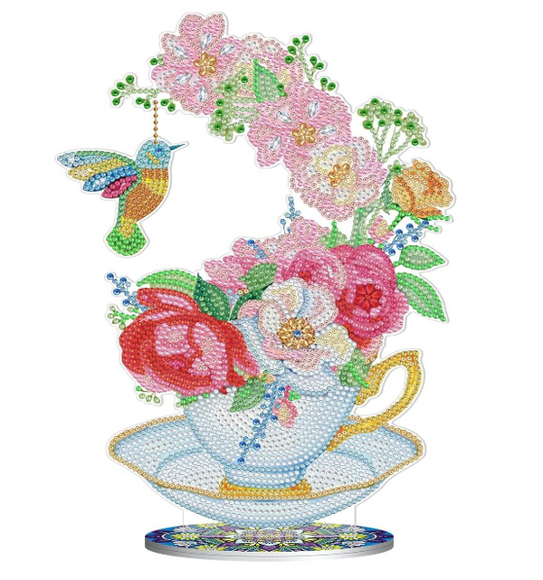 5D DIY Hummingbird in Floral Teacup Diamond Art Kit Crystal Embroidery Rhinestone Approx 11cm x 7cm Acrylic Decoration