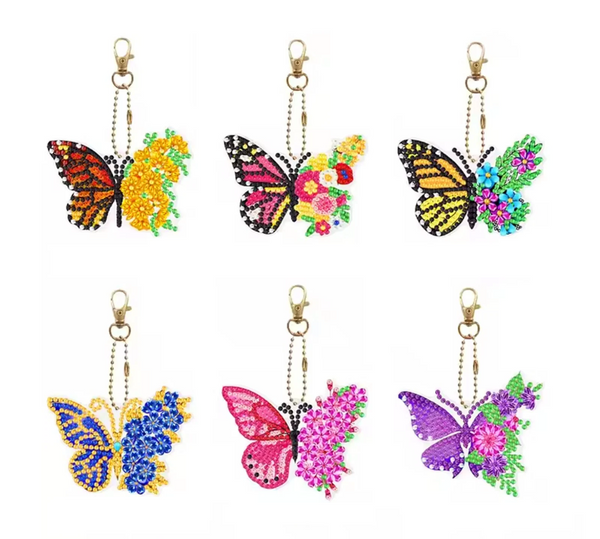 6pcs 5D DIY Assorted Flower Butterfly Diamond Art Keyrings by Numbers Kit for Adults & Kids, Double Sided Rhinestone Craft Pendant