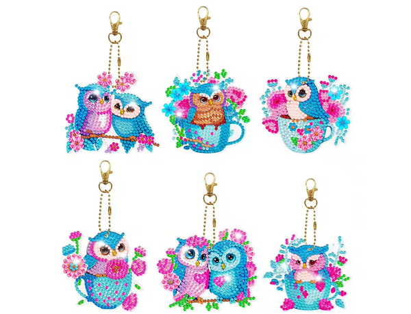 6pcs 5D DIY Assorted Owl Diamond Art Keyrings by Numbers Kit for Adults Double Sided Rhinestone Craft Pendant