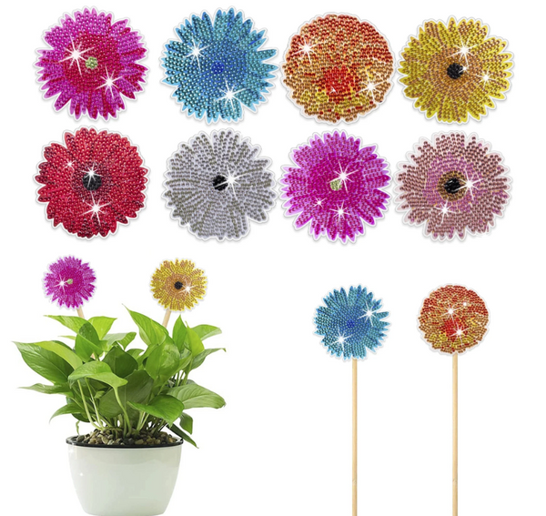 8pcs 5D Flower Diamond Art Plant Pot Stakes DIY Floral Diamond Plant Pot Sticks