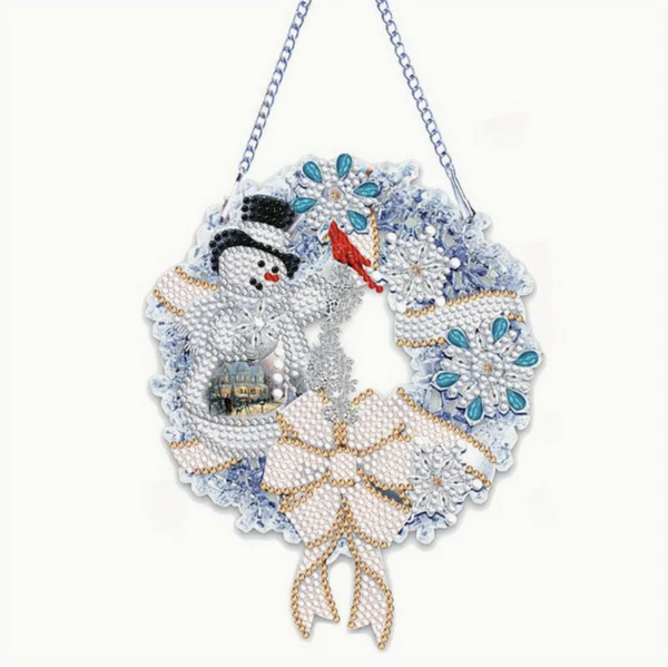 5D DIY White Christmas Snowman Wreath Diamond Painting Art Kit Embroidery Rhinestone Acrylic Hanging Ornament Decoration