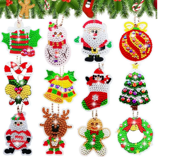 12 Pcs 5D DIY Assorted Cute Christmas Diamond Art Keyrings by Numbers Kit for Adults & Kids, Double Sided Rhinestone Craft Pendant