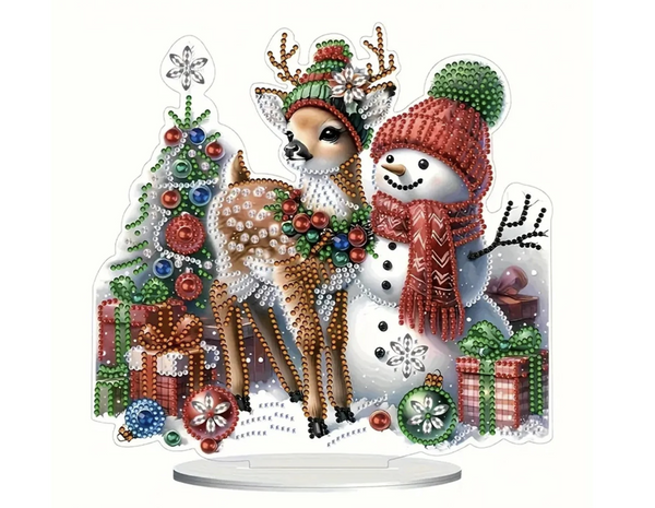 5D DIY Snowman and Reindeer Christmas Diamond Art Kit Crystal Embroidery Rhinestone Approx 23cm x 24cm Acrylic Table Top Ornament Decoration