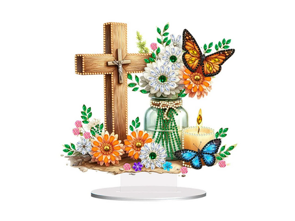 5D DIY Floral Cross With Butterflies Diamond Painting Art Kit Embroidery Rhinestone Acrylic Table Top Ornament Decoration