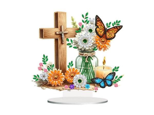 5D DIY Floral Cross With Butterflies Diamond Painting Kit  Tabletop Decor - Syntego