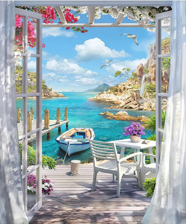 5D DIY Boat Dock Window Landscape Diamond Art Kit Crystal Embroidery Rhinestone Canvas 30cm x 40cm