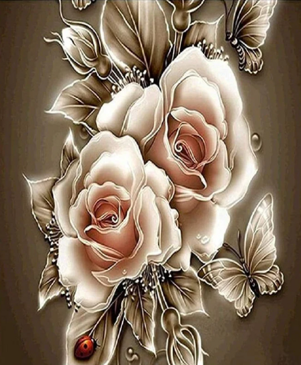 5D DIY Beige Roses and Butterfly Diamond Art Kit Crystal Embroidery Rhinestone Canvas 30cm x 40cm