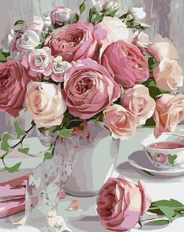 Syntego DIY Paint by Numbers for Adults, Pink Roses with Teacup Canvas Oil Acrylic Painting Kit Approx 50 x 40cm(16" x 20")