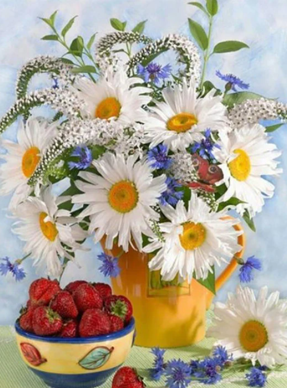 5D DIY Daisy and Strawberry Vase Diamond Art Kit Crystal Embroidery Rhinestone Canvas 30cm x 40cm