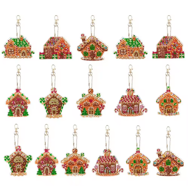 16 Pcs 5D DIY Assorted Gingerbread House Christmas Diamond Art Keyrings by Numbers Acrylic Kit for Arts and Crafts