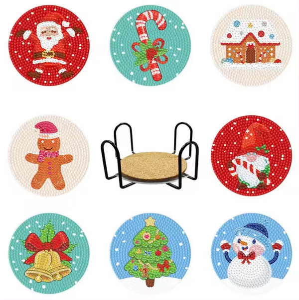 8pcs 5D Diamond Art Assorted Christmas Coasters DIY Festive Diamond Coasters Kit with Holder