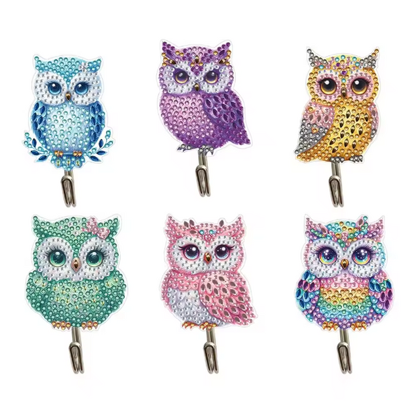 6pcs 5D DIY Assorted Owl Wall Hooks Diamond Art Keyrings by Numbers Kit for Adults Rhinestone Craft Pendant Approx 6cm x 7.5cm