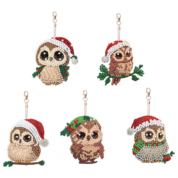 5pcs 5D DIY Assorted Christmas Owl Diamond Art Keyrings by Numbers Kit for Adults Double Sided Rhinestone Craft Pendant