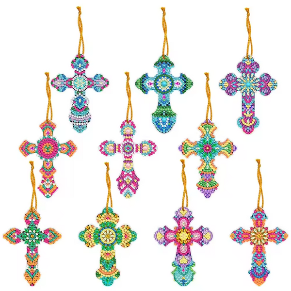 10 Pcs 5D DIY Assorted Cross Diamond Art Painting Hanging Ornament Decoration Kit for Adults Plastic Craft Pendant