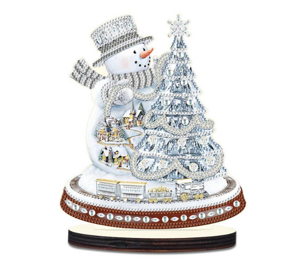 5D DIY Silver Christmas Snowman with Tree Diamond Art Kit Crystal Embroidery Rhinestone Approx 21cm x 18cm Wooden Table top Decoration