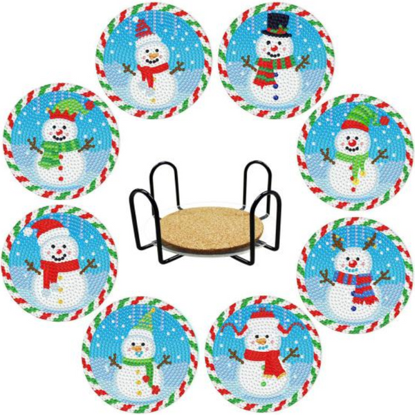 8pcs 5D Diamond Art Assorted Snowman Candy Cane Coasters DIY Festive Diamond Coasters Kit with Holder