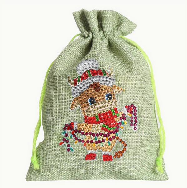 5D DIY Diamond Art Painting Christmas Reindeer Linen Gift Sack Bag DIY Rhinestone Embroidery Diamond Kit for Gifts Approx 17cm x 12cm