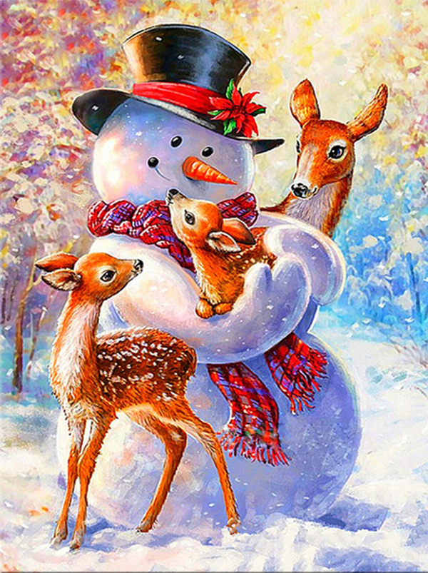 5D DIY Snowman Hugging Reindeers Diamond Art Painting for Adults & Kids 40 x 30cm, Round Crystal Embroidery Rhinestone Canvas by Numbers