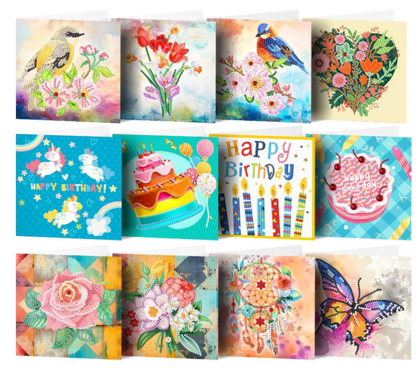 12pcs 5D DIY Diamond Art Birthday Thank You Greeting Card Kits for Adults - Diamond Painting Greetings Card Kit Decoration