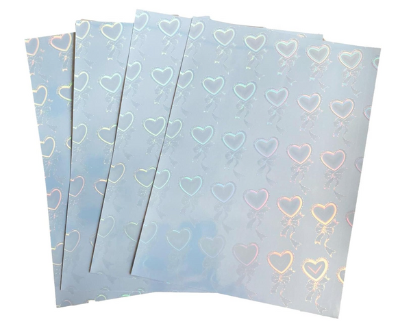 10 Sheets A4 Printable Self Adhesive Heart with Bow Transparent Holographic Vinyl Overlay Sheets Laminate Stickers