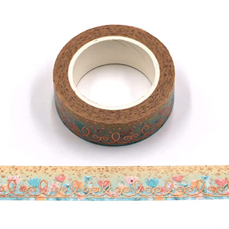 Blue Floral With Bronze Foiling Washi Tape Decorative 15mm x 10m