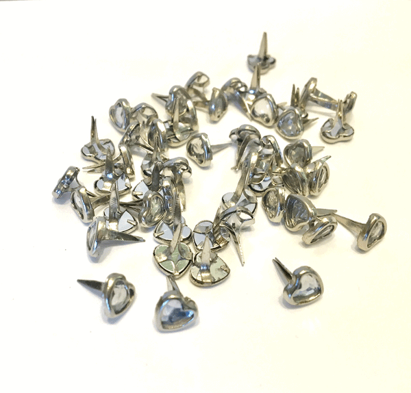 50 HEART Crystal Brads  SET IN silver metal 6mm x 12mm