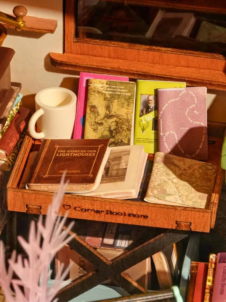 Miniature House Kit DIY Dollhouse Corner Bookstore with LED DIY Dollhouse Craft Kits for Adults Birthday for Women Kids