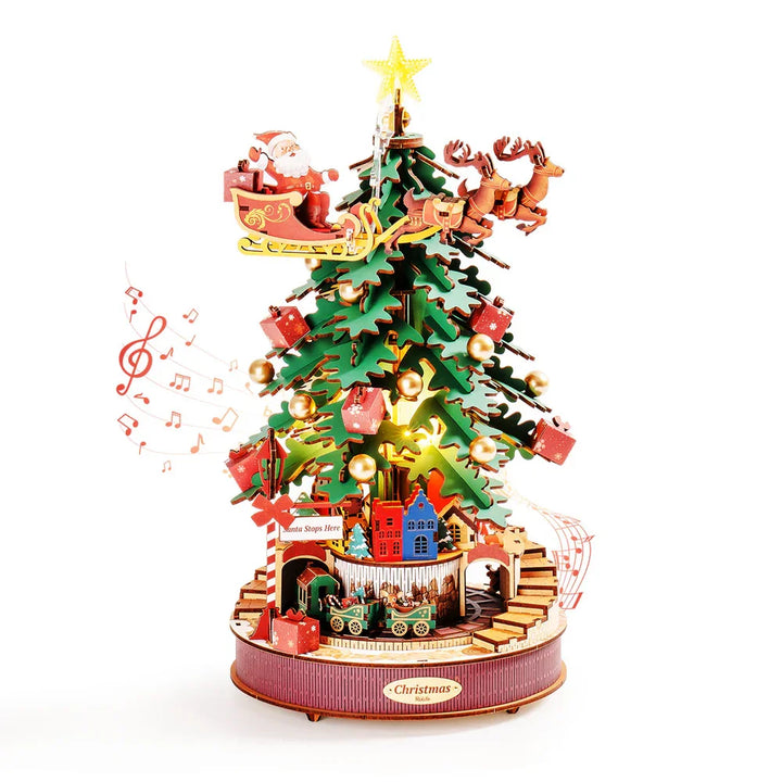 Rolife Christmas Melody Tree Music Boxes 3D Wooden Puzzle with Light Perfect Gifts for Family Easy Assemble Toys