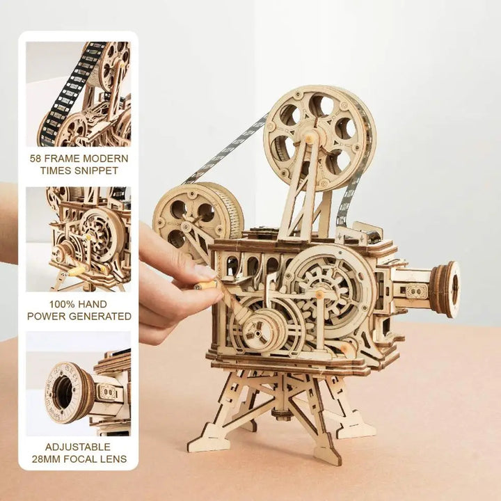 ROKR Classic Film Vitascope 3D Wooden Puzzle Projector Model - Hand Crank Building Toy for Adults and Children, LK601