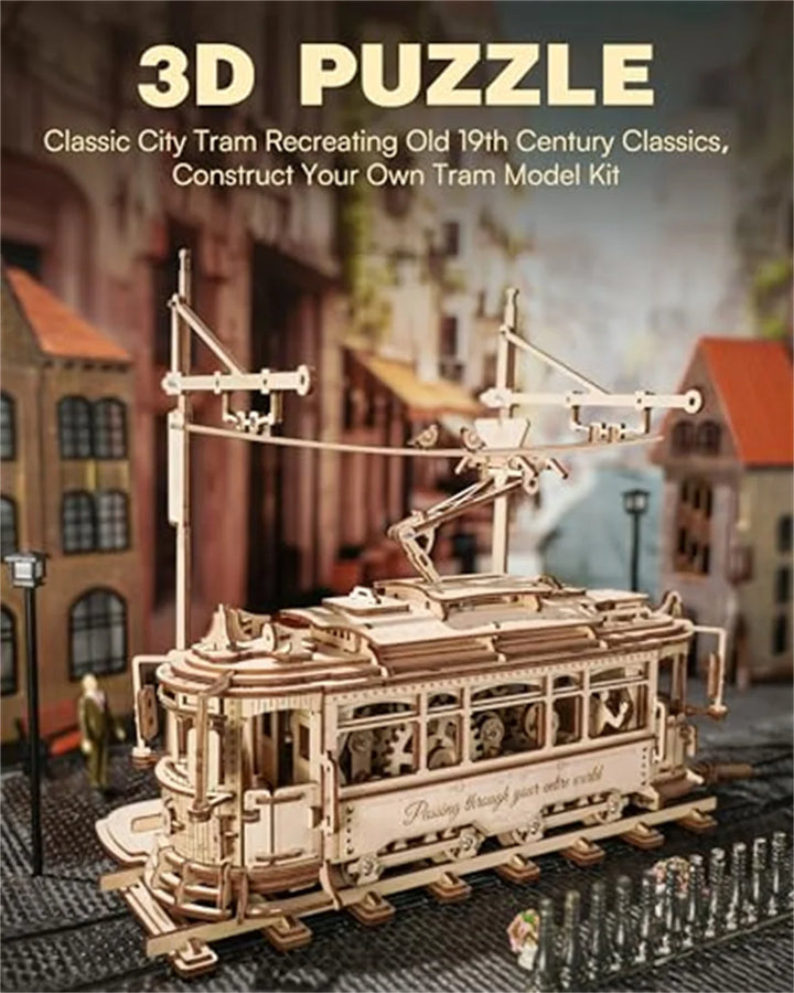 3D Wooden Puzzle Gear Drive Tram Mechanical Model Building Kit DIY Craft Toy Gifts Classic City Tram for Children Teens