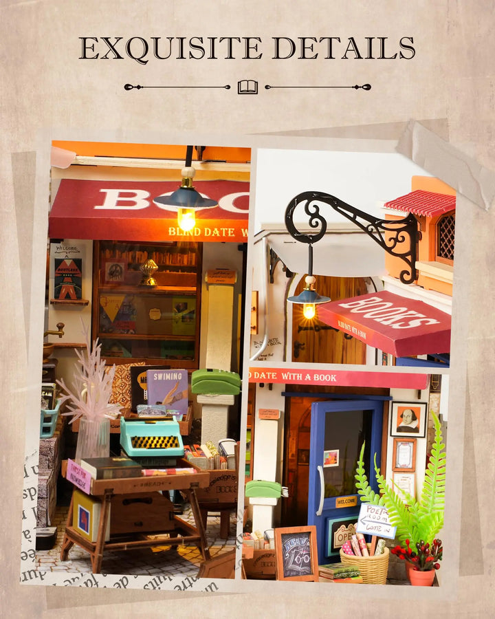 Miniature House Kit DIY Dollhouse Corner Bookstore with LED DIY Dollhouse Craft Kits for Adults Birthday for Women Kids