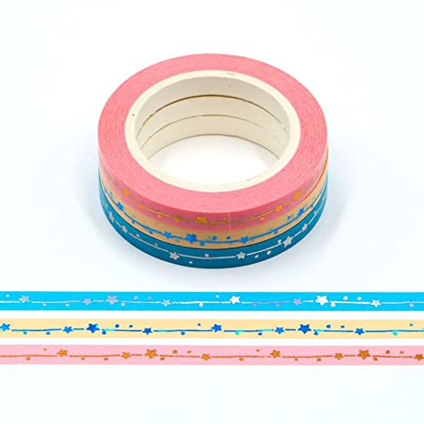 3 Rolls Pink Blue Yellow Shooting Stars Washi Tape 5mm Gold Foil Embossing 10m Eco Friendly Bullet Journal