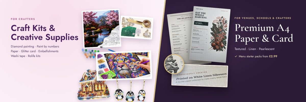 Craft kits and supplies including diamond painting, paint by numbers, Christmas diamond art and embellishments, beside premium A4 textured, linen and pearlescent Paper and Card printed as restaurant menus