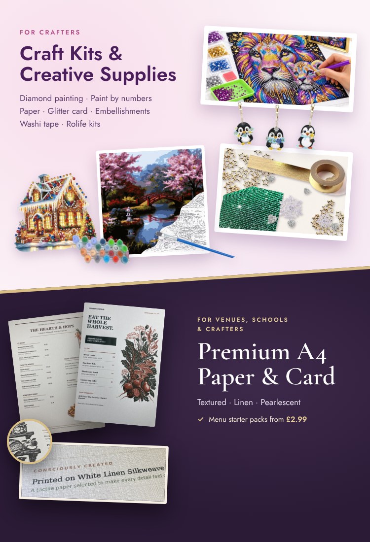 Diamond painting, paint by numbers and Christmas craft kits above premium A4 linen and textured Paper and Card printed as restaurant menus