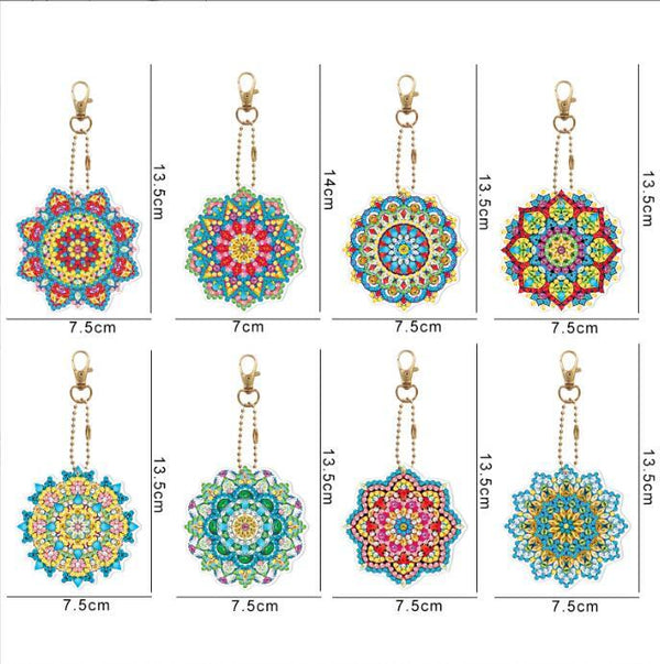 8 Pcs 5D DIY Assorted Medallion Flower Design Diamond Art Keyrings by Numbers Kit Craft Pendant