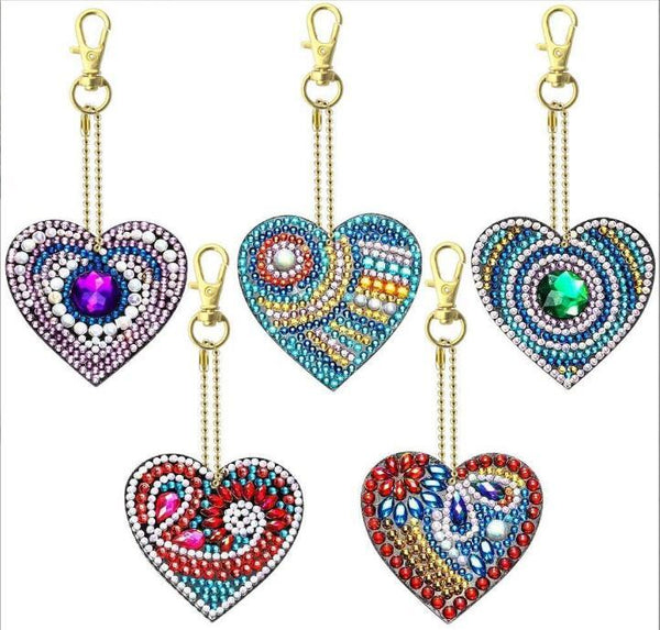 5 Pcs 5D DIY Assorted Heart Design Diamond Art Keyrings by Numbers Kit Craft Pendant