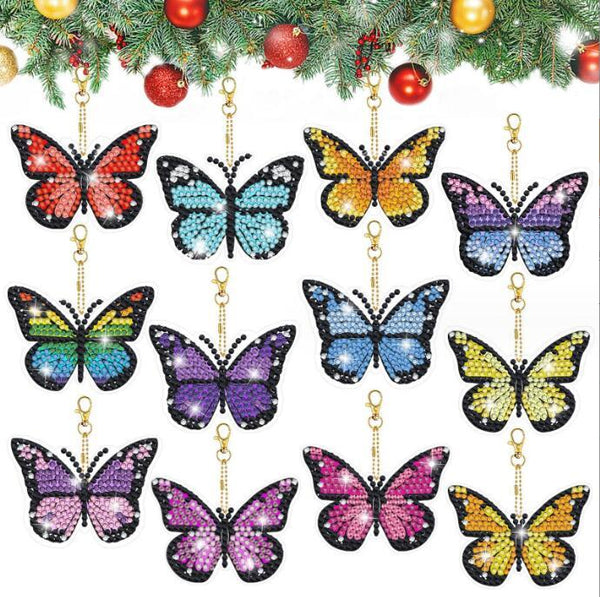 12 Pcs 5D DIY Assorted Butterfly Design Diamond Art Keyrings by Numbers Kit Round Crystal Double Sided Craft Pendant