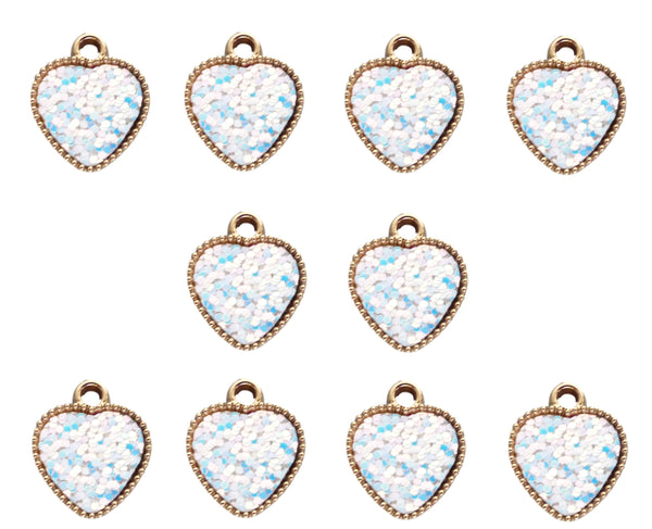 10pcs Gold Resin Hearts with White Iridescent Sparkle Dots Double Sided