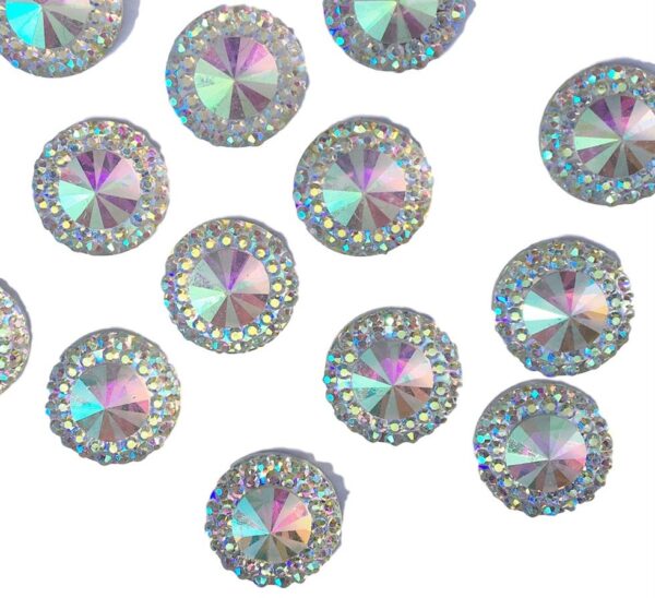 Positano Self Adhesive AB Clear Round Crystals Flat Backed 12mm Multi Faceted