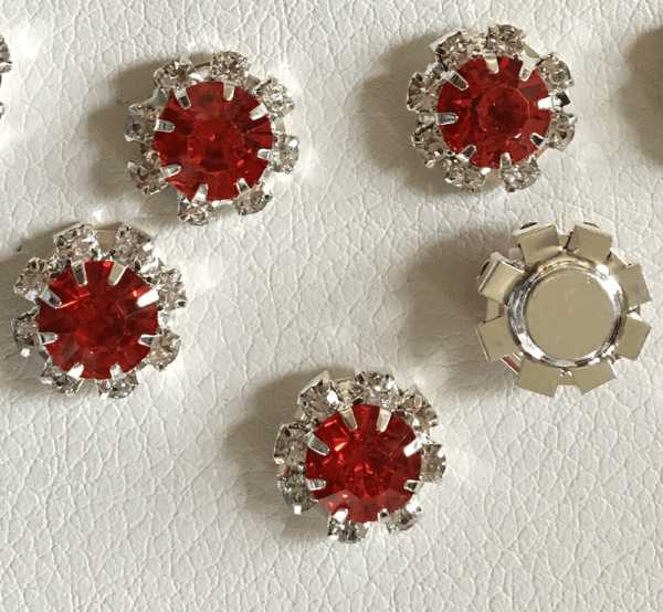 10 Small Round Red & Diamante Embellishments Large Red Centre stone Rhinestone 12mm