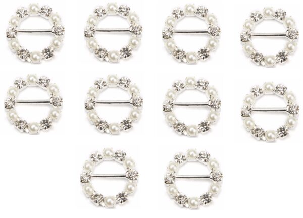 10 Small Round Pearl and Diamante Ribbon Slider Buckles 1.5cm