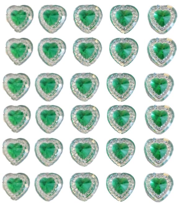 40 Green self adhesive acrylic hearts embossed mini crystals