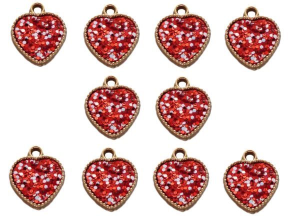 10pcs Red Resin Hearts with Red and White Sparkle Dots Double Sided