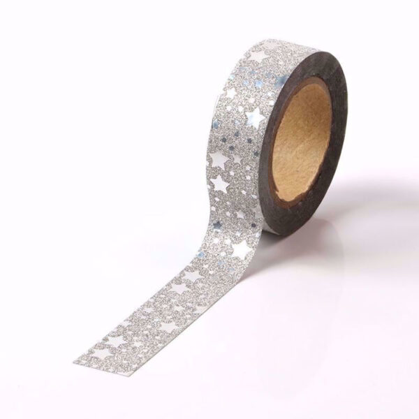 Silver Glitter Washi Tape With Silver Foil Stars