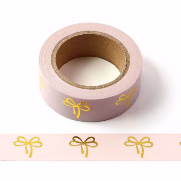 Pink Washi Tape With Gold Embossed Bows 15mm x 10m