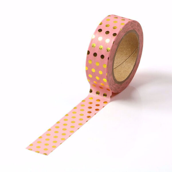 Pink and Gold Foil Polka Dot Decorative Washi Tape 15mm x 10m