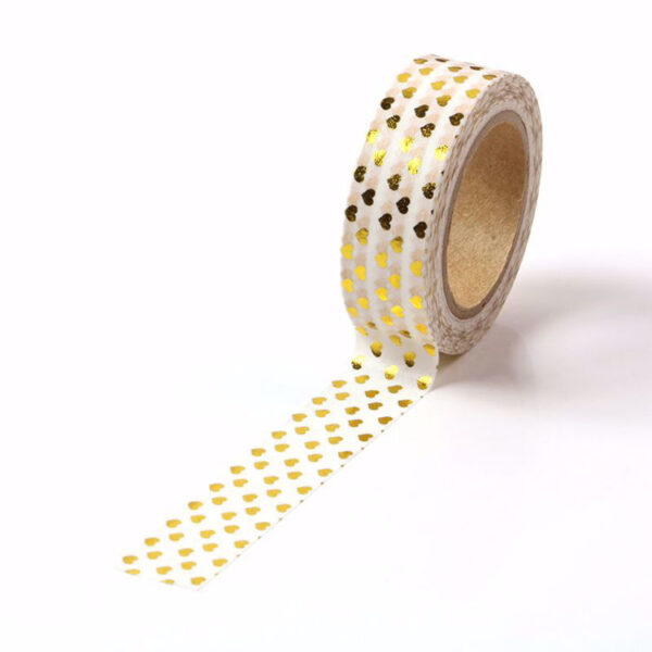White and Gold Foil Love Hearts Decorative Washi Tape 15mm x 10m