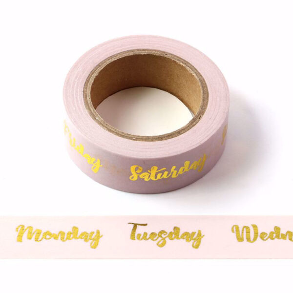Rose Pink Days of The Week With Gold Foil Embossing Decorative Washi Tape 15mm x 10m